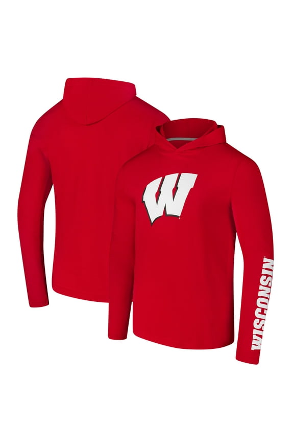 Men's Colosseum Red Wisconsin Badgers Logo Lockup Active Blend Long Sleeve T-Shirt Hoodie