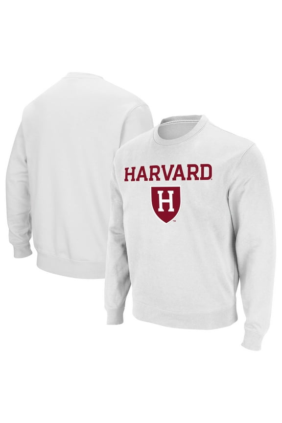Men's Colosseum White Harvard Crimson Team Arch & Logo Tackle Twill Pullover Sweatshirt