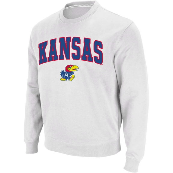 Men's Colosseum White Kansas Jayhawks Arch & Logo Crew Neck Sweatshirt