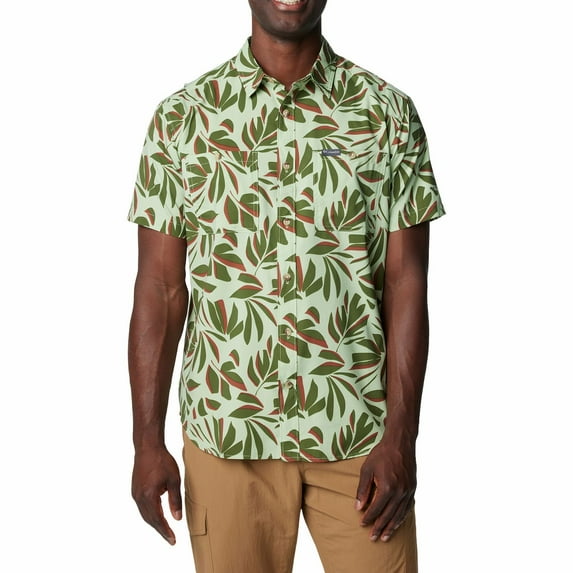 Men's Columbia UPF 40 Utilizer Printed Short Sleeve Button-Down Shirt Color: Sage Leaf Areca Size: L