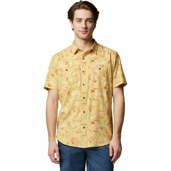 Men's Columbia UPF 40 Utilizer Printed Short Sleeve Button-Down Shirt Color: Sand Yarrow Mirage Size: L