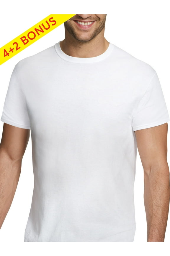 Men's Comfort Fit White Crewneck T-Shirt, 4 + 2 Bonus Pack