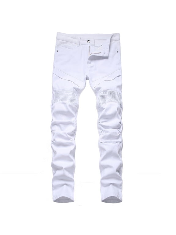 Men's Comfort Flex Waist Baggy Jeans for Men High-end Stretch Light Color Trendy Slim Jeans White S Denim Pants for Men