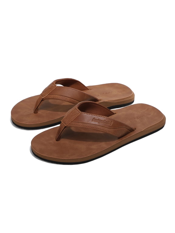 Men's Comfort Flip Flops - Soft Toe Post, Faux Leather Straps, Arch Support, Non-Slip Rubber Sole for Beach/Pool/Vacation
