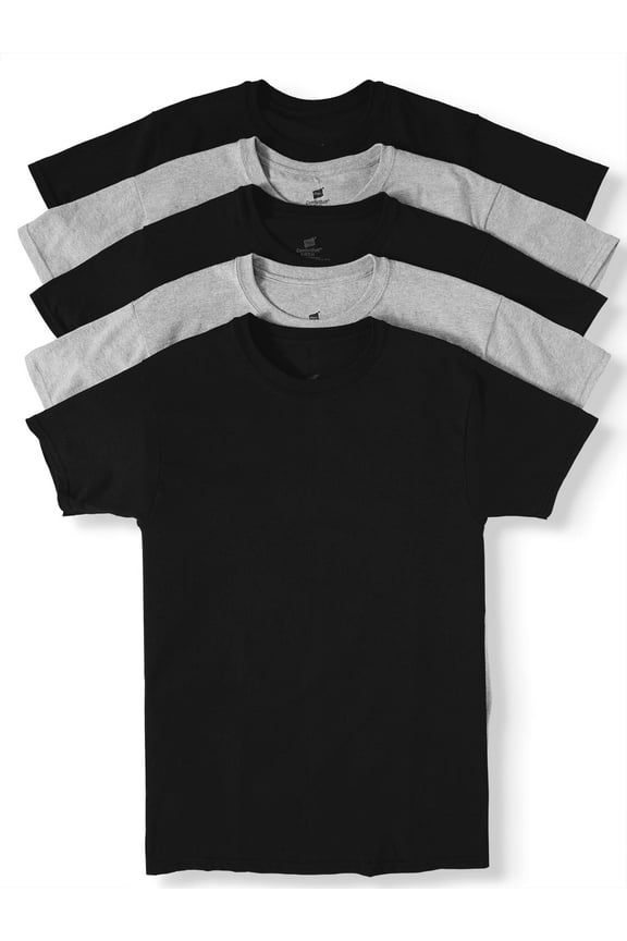 Men's ComfortSoft Tagless Black and Grey Crew T-Shirts, 5 Pack