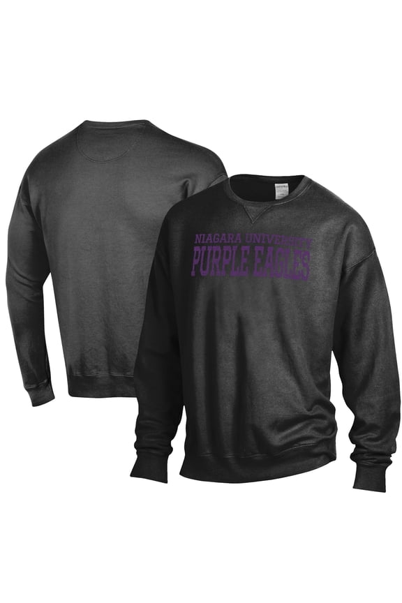 Men's ComfortWash Black Niagara University Purple Eagles Garment Dyed Fleece Crewneck Pullover Sweatshirt