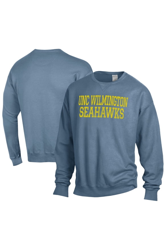 Men's ComfortWash Blue UNC Wilmington Seahawks Garment Dyed Fleece Crewneck Pullover Sweatshirt
