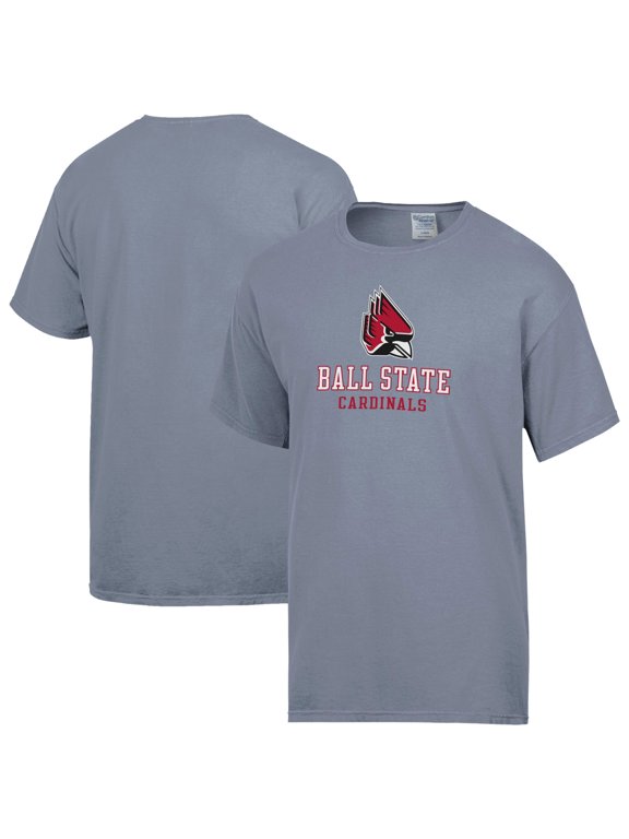 Men's ComfortWash Gray Ball State Cardinals Logo Over Stacked T-Shirt