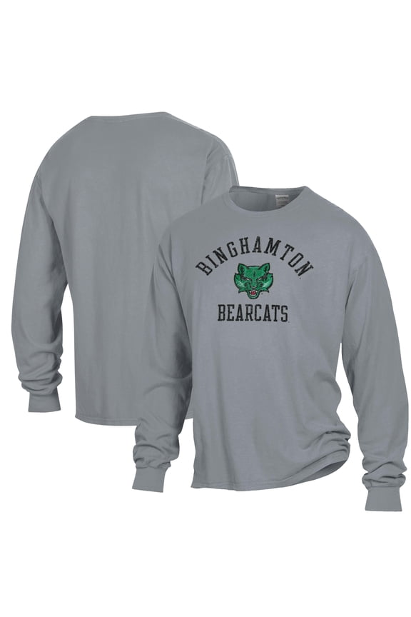 Men's ComfortWash Gray Binghamton Bearcats Arch Logo Garment Dyed Long Sleeve T-Shirt