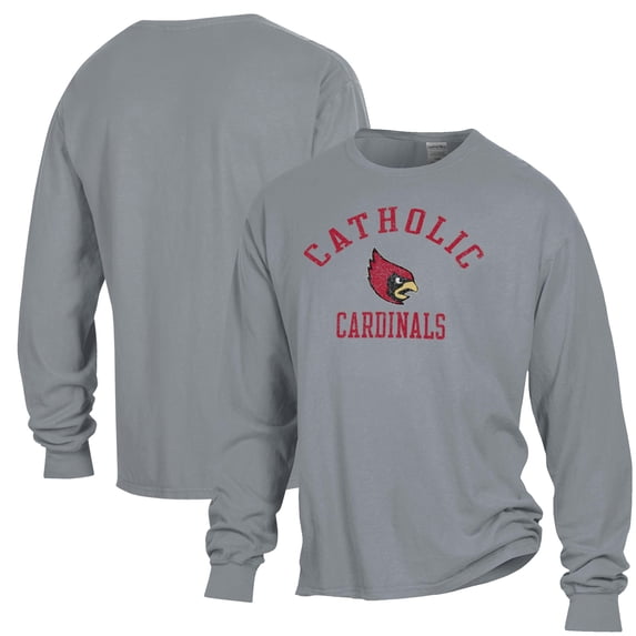 Men's ComfortWash Gray Catholic University Cardinals Arch Logo Garment Dyed Long Sleeve T-Shirt