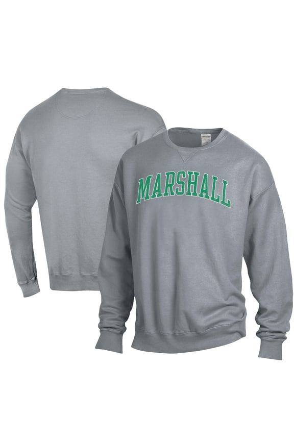 Men's ComfortWash Gray Marshall Thundering Herd Garment Dyed Fleece Crewneck Pullover Sweatshirt