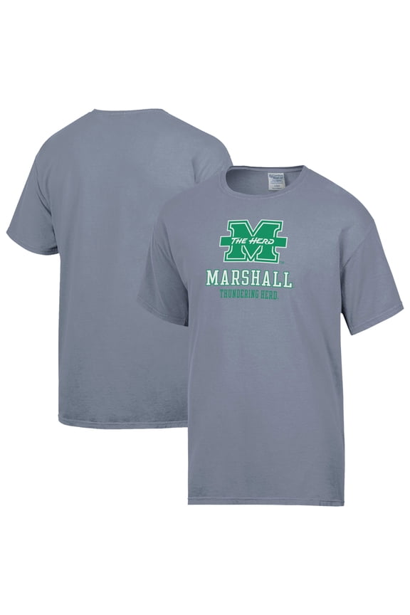 Men's ComfortWash Gray Marshall Thundering Herd Logo Over Stacked T-Shirt