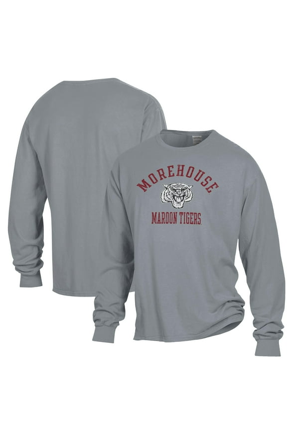 Men's ComfortWash Gray Morehouse Maroon Tigers Arch Logo Garment Dyed Long Sleeve T-Shirt