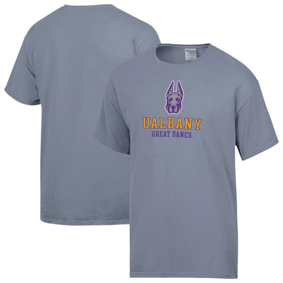 Men's ComfortWash Gray UAlbany Great Danes Logo Over Stacked T-Shirt