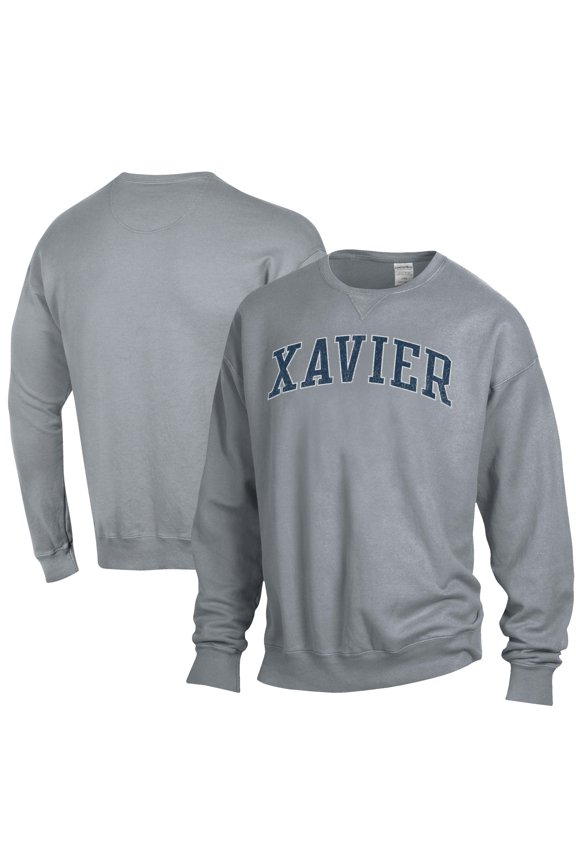 Men's ComfortWash Gray Xavier Musketeers Garment Dyed Fleece Crewneck Pullover Sweatshirt