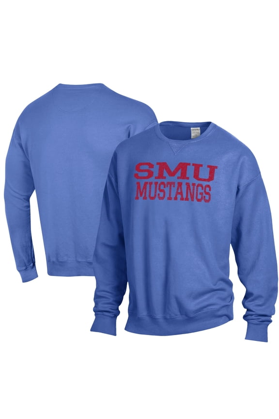 Men's ComfortWash Royal SMU Mustangs Stack Garment Dyed Crewneck Pullover Sweatshirt