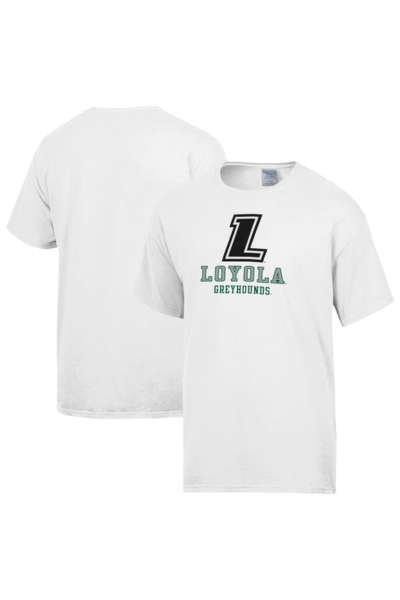 Men's ComfortWash White Loyola Greyhounds Logo Over Stacked T-Shirt