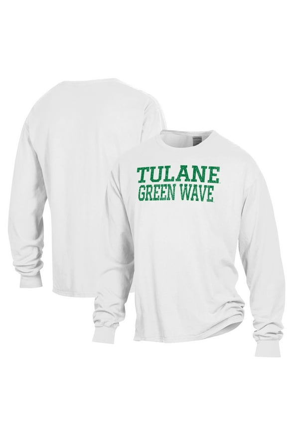 Men's ComfortWash White Tulane Green Wave Garment Dyed Long Sleeve T-Shirt