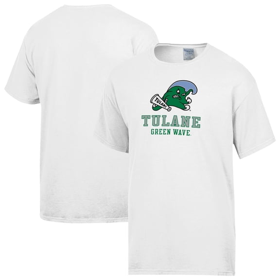Men's ComfortWash White Tulane Green Wave Logo Over Stacked T-Shirt