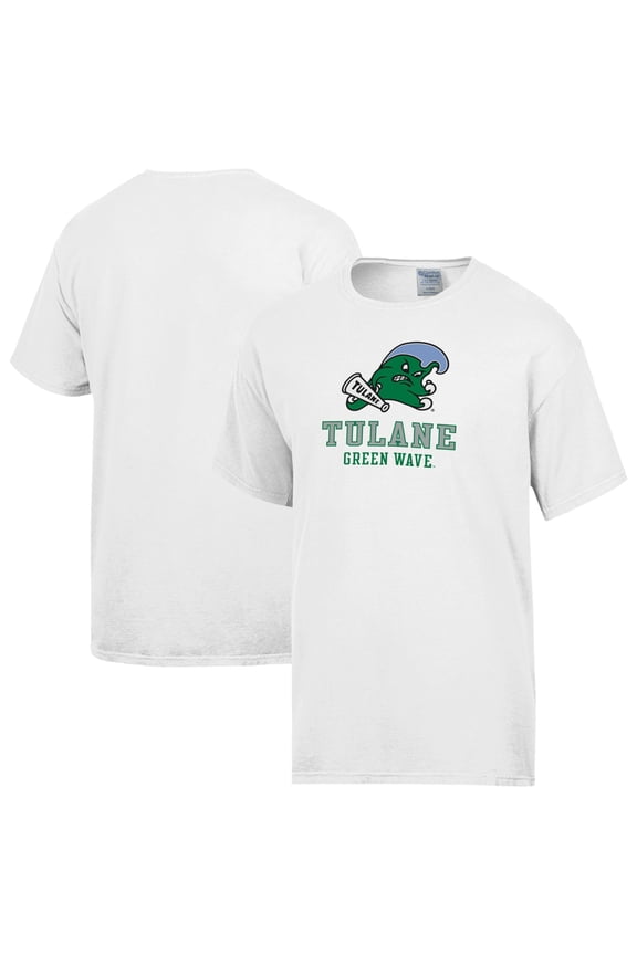 Men's ComfortWash White Tulane Green Wave Logo Over Stacked T-Shirt