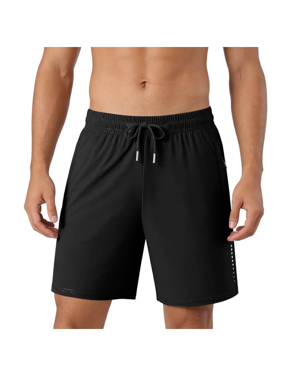 Men's Comfortable Breathable Workout Shorts, Elastic Waist Drawstring Shorts with Quick Dry Fabric and Reflective Side Details Zipper Pocket Daily Wear & Outdoor Activity Black L