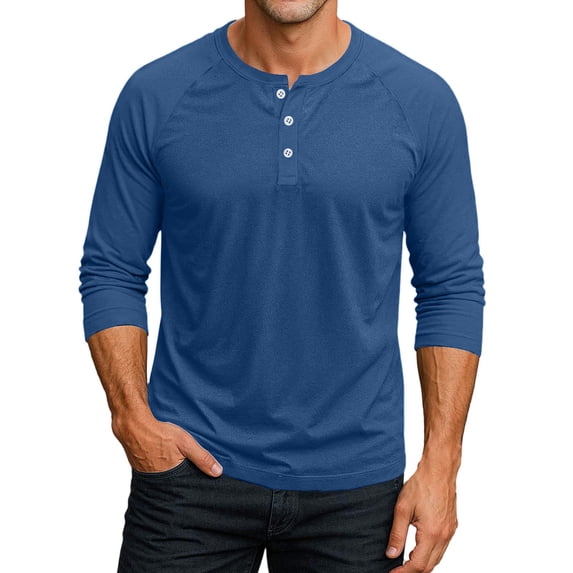 Men's Comfortable Raglan Tshirt Classic 3/4 Sleeve Henley Tops Fall Big and Tall Shirts Button Up Clothing