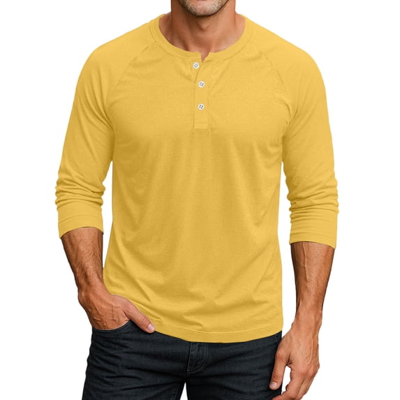 Men's Comfortable Raglan Tshirt Classic 3/4 Sleeve Henley Tops Fall Big and Tall Shirts Button Up Clothing