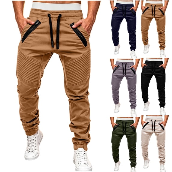 Men's Comfy Fit Biker Joggers with Zipper Pockets, Twill Casual Travel Long Pants Elastic Waist and Elastic Cuffs, Soft Breathable Trousers for Motorcycle Riding & Travel Wear Khaki