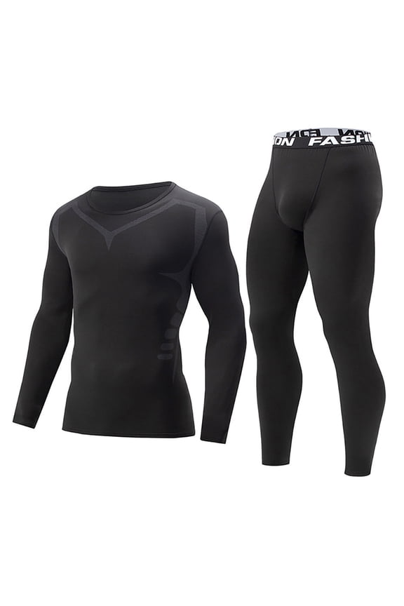 Men's Compression Athletic Sports 2 Piece Set Long Sleeve Breathable Quick-Drying Breathable Running Shirt & Tights for Fitness