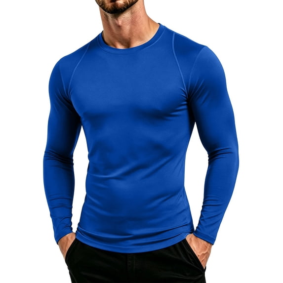 Men's Compression Long Sleeve Shirt Crewneck Slim Fit Gym Workout Base Layer Top with Colorblock Detail