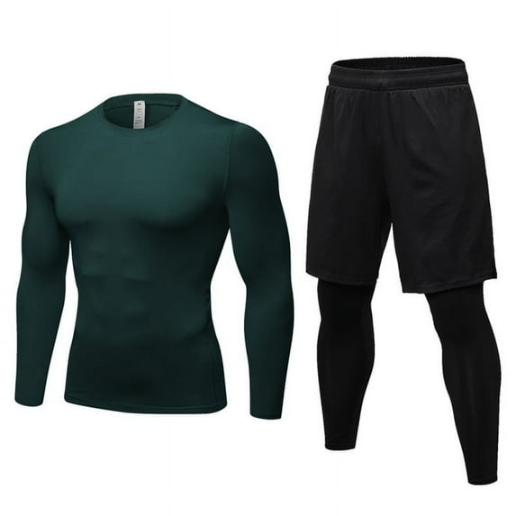 Men's Compression Long Sleeve Tops+ 2-in-1 Running Leggings Shorts Gym Shorts Sweatpants with Zipper Pockets Workout Set