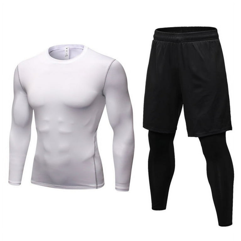 Men's Compression Long Sleeve Tops+ 2-in-1 Running Leggings Shorts Gym  Shorts Sweatpants with Zipper Pockets Workout Set 