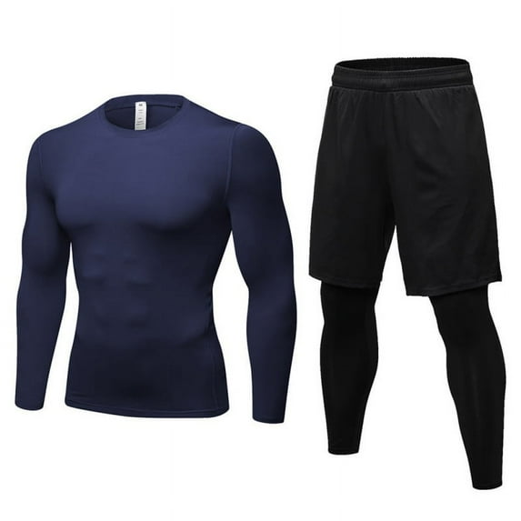 Men's Compression Long Sleeve Tops+ 2-in-1 Running Leggings Shorts Gym Shorts Sweatpants with Zipper Pockets Workout Set
