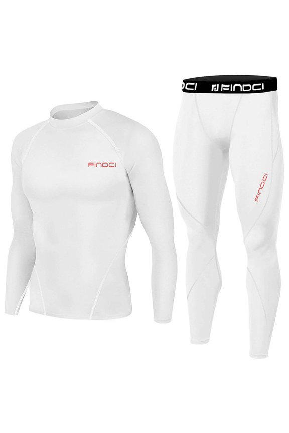 Men's Compression Set 2 Piece Workout Tracksuit, Long Sleeve Base Layer Shirt, Tights with Pockets, Cool Quick Dry Running Gym Gear Size 3XL White