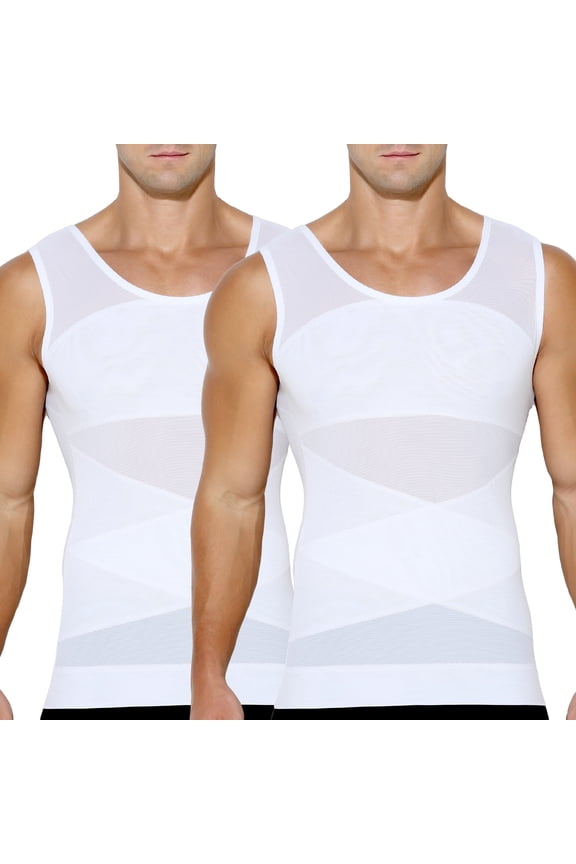 Men's Compression Shirt 2 Pack Slimming Undershirts Mesh Body Shaper Chest Tummy Control Tank Top Sleeveless Workout Vest