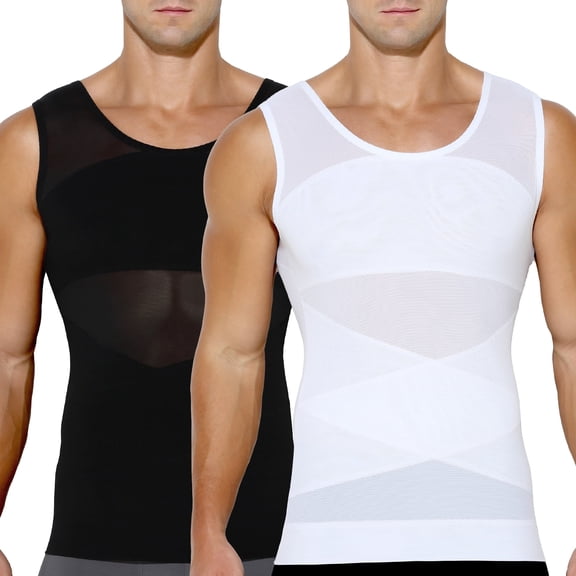 Men's Compression Shirt 2 Pack Slimming Undershirts Mesh Body Shaper Chest Tummy Control Tank Top Sleeveless Workout Vest