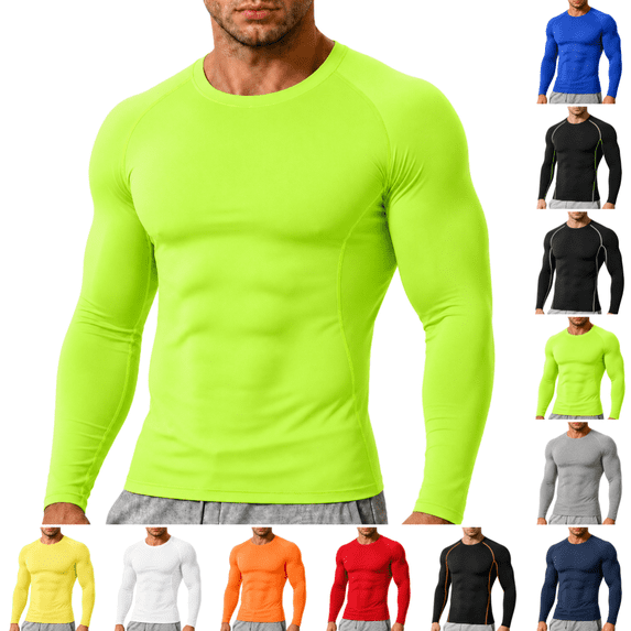 Men's Compression Shirt Lightweight Quick Dry Stretch Long Sleeve Athletic Tops for Training, Running and Workout Fluorescent Green 2XL