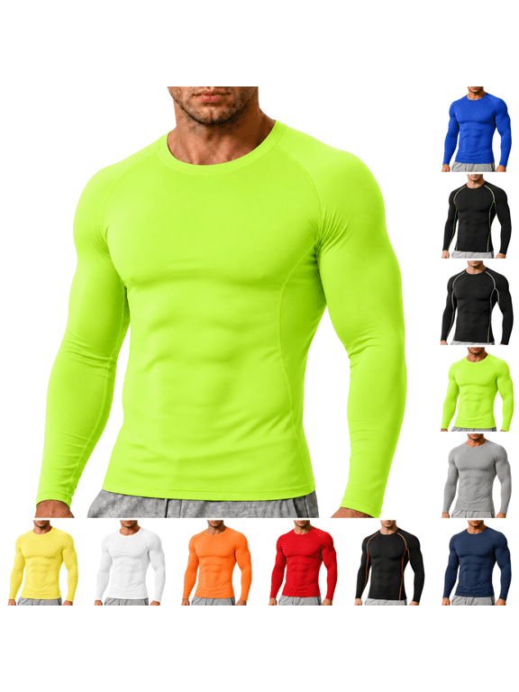 Men's Compression Shirt Lightweight Quick Dry Stretch Long Sleeve Athletic Tops for Training, Running and Workout Fluorescent Green XL