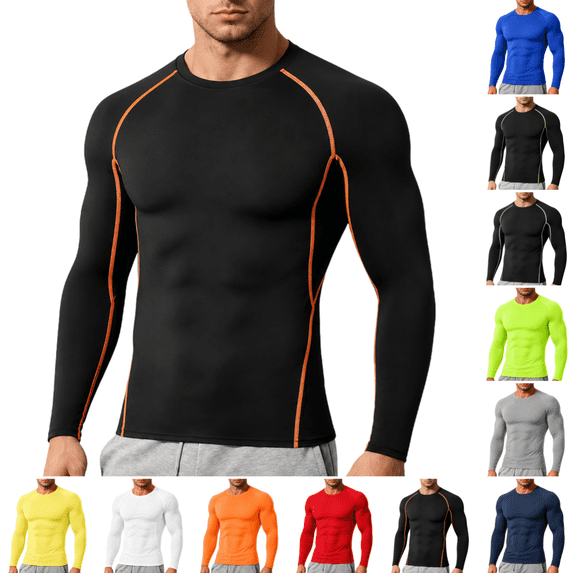 Men's Compression Shirt Lightweight Quick Dry Stretch Long Sleeve Athletic Tops for Training, Running and Workout Orange S