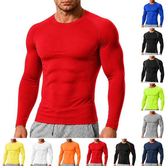 Men's Compression Shirt Lightweight Quick Dry Stretch Long Sleeve Athletic Tops for Training, Running and Workout Red 2XL