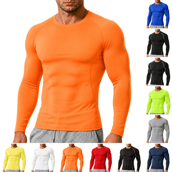Men's Compression Shirt Lightweight Quick Dry Stretch Long Sleeve Athletic Tops for Training, Running and Workout Saffron S