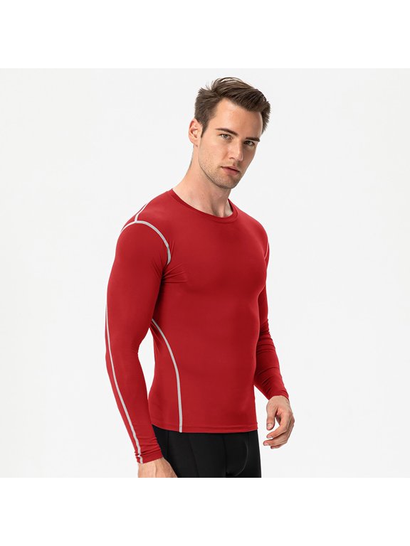 Men's Compression Shirt Long Sleeve, Athletic Workout T-Shirt & Active Sport Top, Muscle Support Baselayer for Running, Gym, Fitness Training & Cold Weather Red S