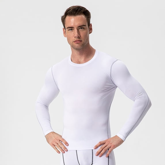 Men's Compression Shirt Long Sleeve, Athletic Workout T-Shirt & Active Sport Top, Muscle Support Baselayer for Running, Gym, Fitness Training & Cold Weather White M