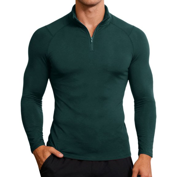 Men's Compression Shirt Long Sleeve Half Zip Neck High Elasticity Tight Fit Athletic Top For Running Workout Training