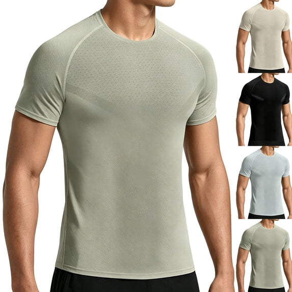 Men's Compression Shirt Mesh Short Sleeve Workout Gym Top Breathable Cool Dry Athletic Base Layer Undershirt T-Shirt for Sport Running Big and Tall Size M-3XL Khaki