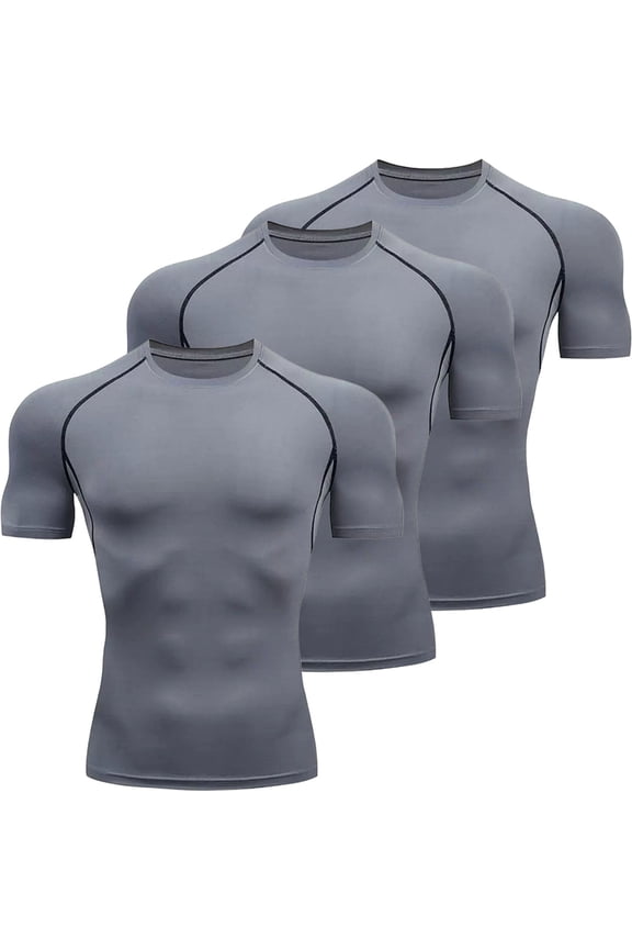 Men's Compression Shirts 3 Pack, Stretch Workout Gym Shirt Short Sleeve, Lightweight Moisture Wicking Active Fit Base Layer T-Shirt