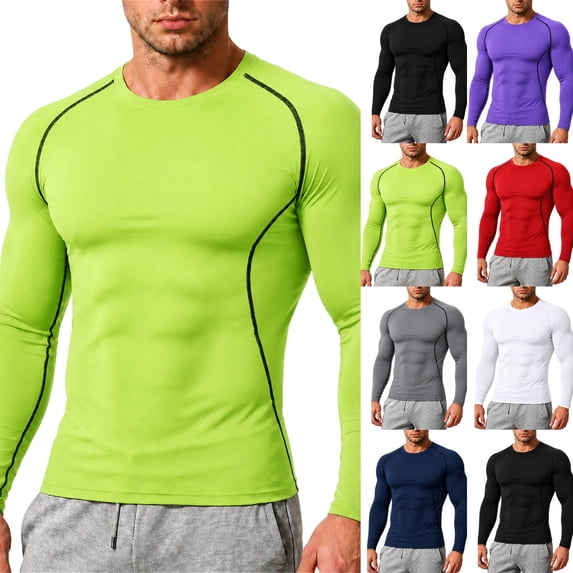 Men's Compression Shirts Long Sleeve Rash Guard Workout Undershirt Base Layer Athletic Shirt Fluorescent Green M