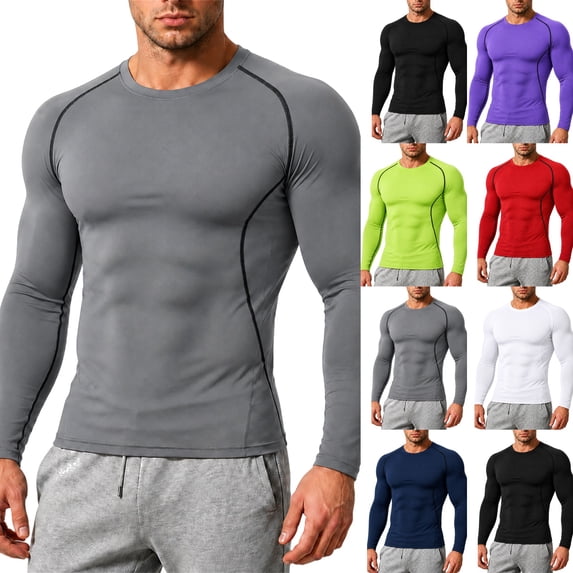 Men's Compression Shirts Long Sleeve Rash Guard Workout Undershirt Base Layer Athletic Shirt Gray S