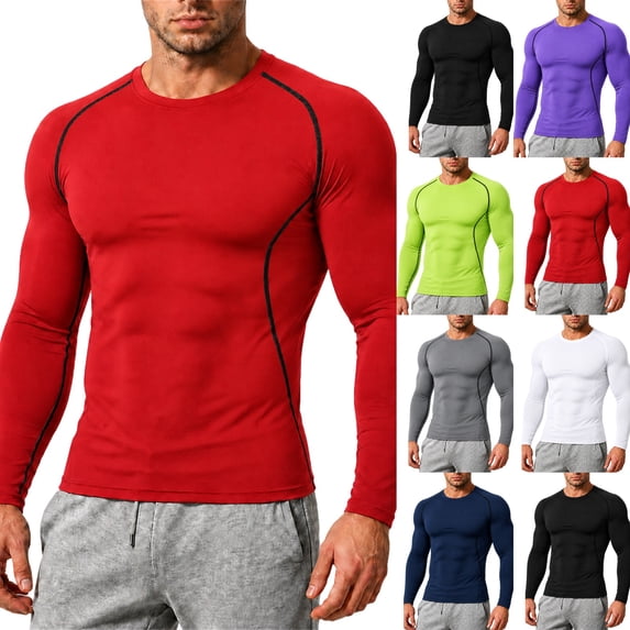 Men's Compression Shirts Long Sleeve Rash Guard Workout Undershirt Base Layer Athletic Shirt Red XL