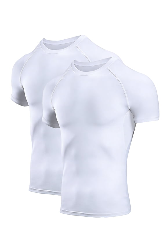 Men's Compression Shirts Short Sleeve Athletic Tops 2 Pack(White,L)